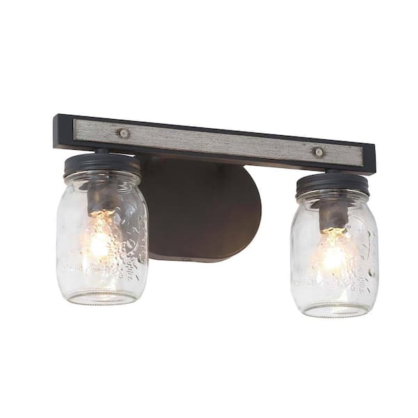 Unbranded Farmhouse 13 in. 2-Light Dark Gray Vanity Light with Clear Glass Mason Jar Shades