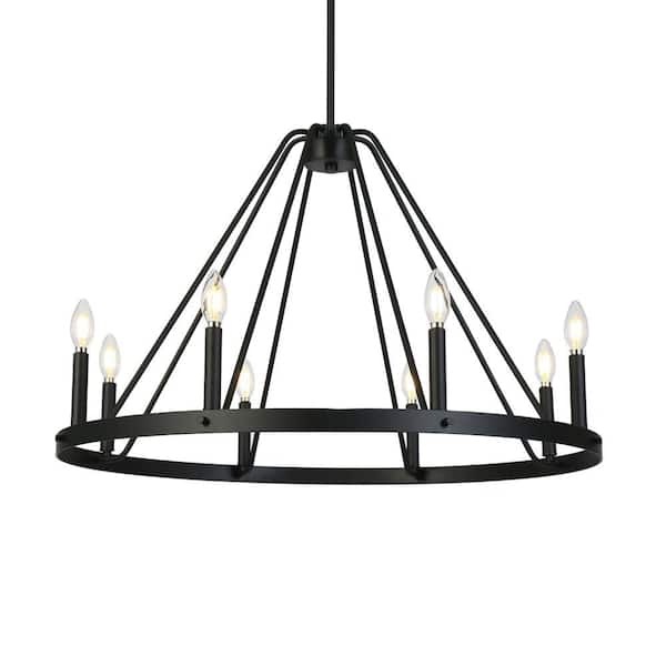 Industrial 32.5 in. W 8-Light Matte Black Wagon Wheel Chandelier for Living Room, Farmhouse Round Hanging Pendant Light