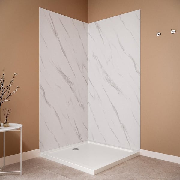 DSH-1720-190 36 in. L x 36 in. W x 76 in. H 2-Piece Glue-Up Corner Shower Surround in White Marble Finish