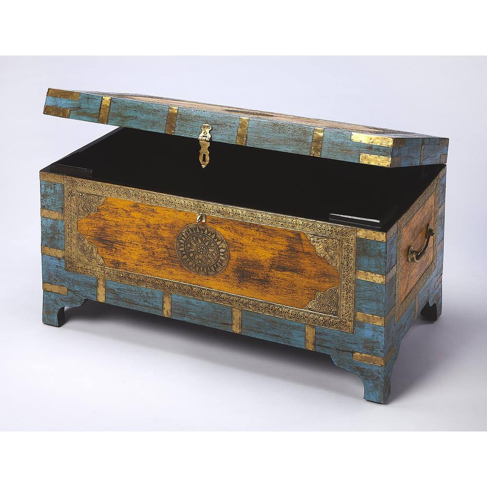 Nador Multicolor Mango Wood and Brass Inlay Storage Trunk Coffee Table