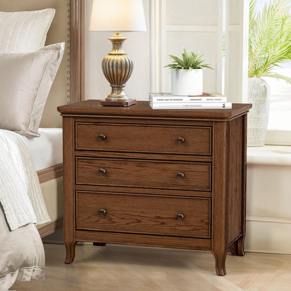 Yolo Dark Brown Walnut Color 3 Layers Storage Bedside End Table 28 in W Solid Wood Nightstand with Irregular Wood Legs