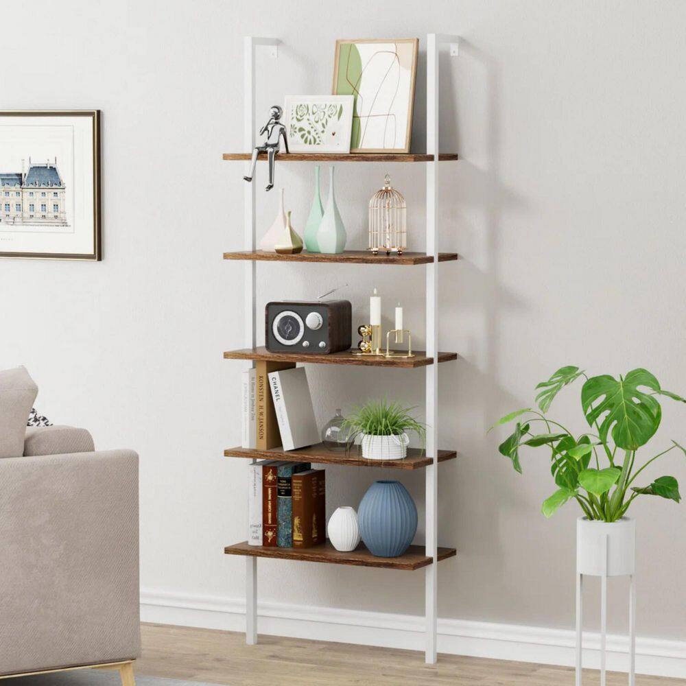 72 in. Ladder Shelf, 5-Tier Wood Wall-Mounted Bookcase, Metal Frame, Storage Rack Shelves Display Plant Flower, White