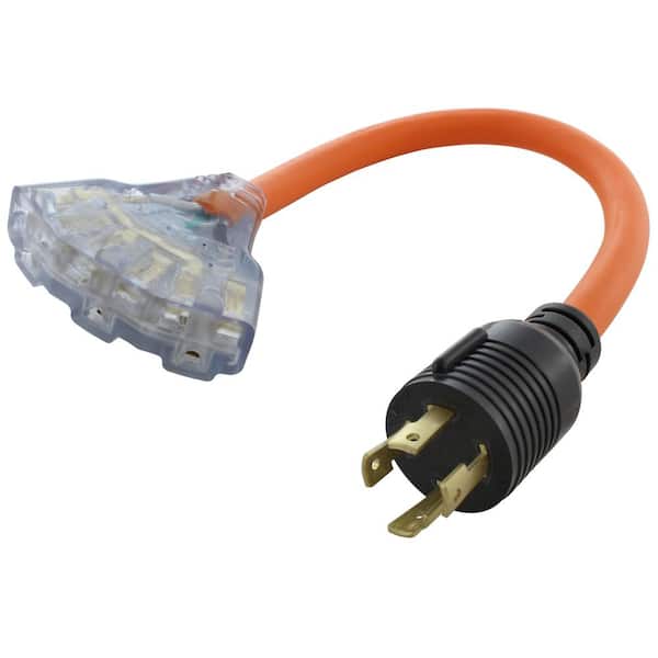 AC WORKS 1.5 ft. 30 Amp 4-Prong NEMA Generator Plug to (3) NEMA 6-15/20 Tri-Outlets with Power Indicator