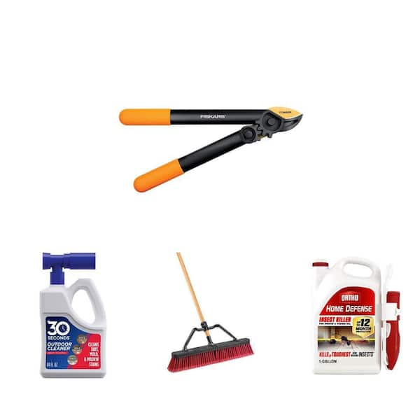 24 in. Push Broom, 64 oz. Outdoor Cleaner, Home Defense Insect Killer 1 Gal and PowerGear 15 in. Lopper Combo