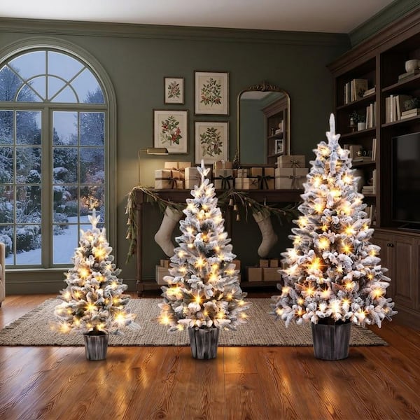 3‑Piece Flocked Pre‑Lit Christmas Tree Set,3 ft. 4 ft. 5 ft. Potted Artificial Foliage w/Warm White LED 3-Lighting Modes