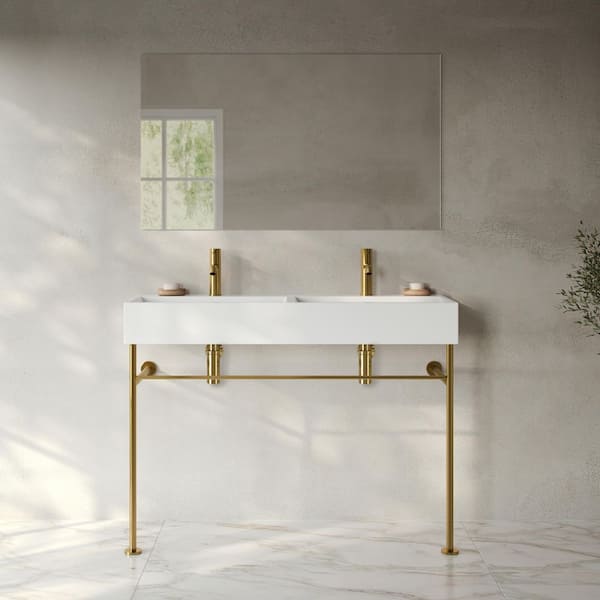 Swiss Madison Claire 48 in. Ceramic Double Basin White Console Sink with Brushed Gold Legs