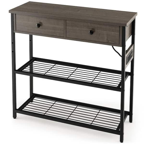 Costway 32 in. Grey Oak Rectangle Wood Top Entryway Table End Table with 2-Drawers Charging Station Narrow Console Table