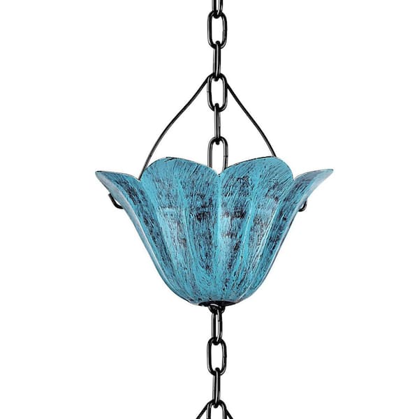 Rain Chains for Gutters Outside 8.5 ft. with 12 Blue Tulip Cups Galvanized Iron Decorative Downspout Replacement