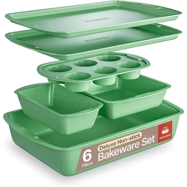 6-Piece Nonstick Green Marble Coating, Commercial Grade Carbon Steel Bakeware Set