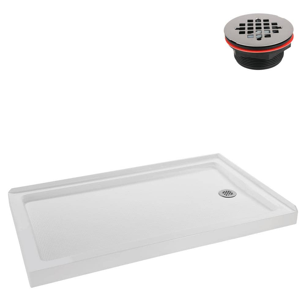 Glossy White Rectangular Acrylic Shower Base with Round Drain