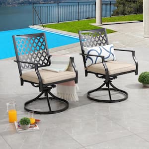 Swivel Metal Outdoor Lounge Chair with Beige Cushions