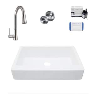 Grace 34 in. Quick-Fit Farmhouse Undermount Single Bowl White Traditional Fireclay Kitchen Sink with Pfirst Faucet Kit