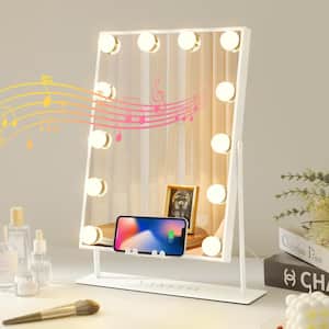 Hollywood 14.3 in. W x 18.9 in. H Rectangular Framed LED Light Bluetooth Tabletop Mount Bathroom Vanity Mirror in White