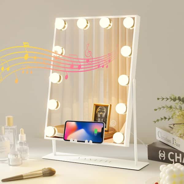 VANITII GLOBAL Hollywood 14.3 in. W x 18.9 in. H Rectangular Framed LED Light Bluetooth Tabletop Mount Bathroom Vanity Mirror in White