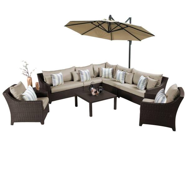 RST Brands Deco 9-Piece All-Weather Wicker Patio Sectional Set with 10 ft. Umbrella and Slate Grey Cushions