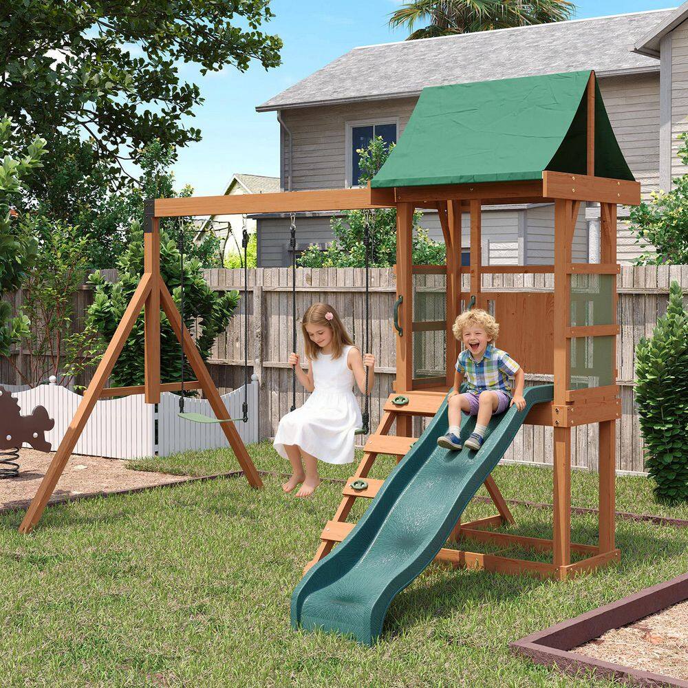 Outdoor Wooden Swing Set with Vinyl Roof, Wave Slide, Rock Ladder, Safety Belt Playset Accessories price history on PriceWatchPro