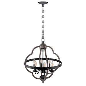 6-Light Indoor Chandelier with Black and Wood Finish and Steel Cage Shade