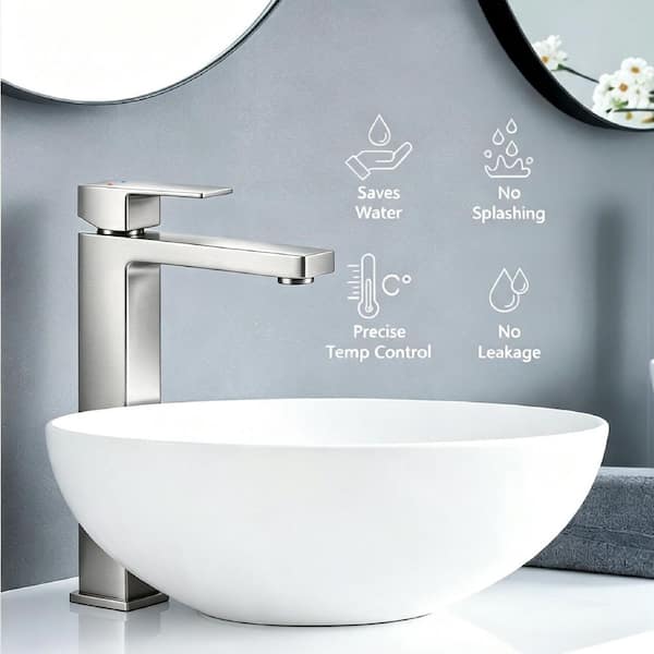 Single Handle Vessel Sink Faucet Single Hole Bathroom Sink Faucet with 15° Angled Spout Splash-Free in Brushed Nickel