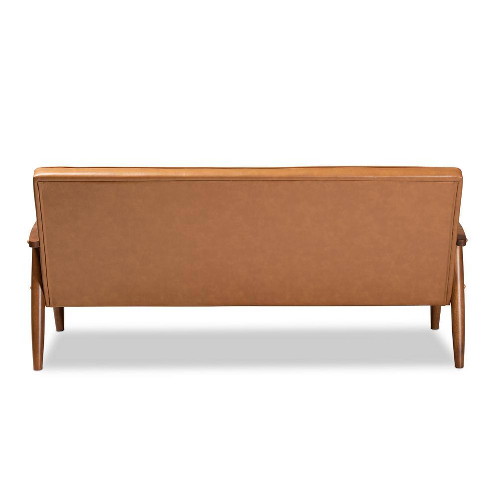 Mid-Century Walnut Brown Tufted Faux Leather Sofa