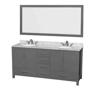Sheffield 72 in. W x 22 in. D x 35 in. H Double Bath Vanity in Dark Gray with White Carrara Marble Top and 70" Mirror