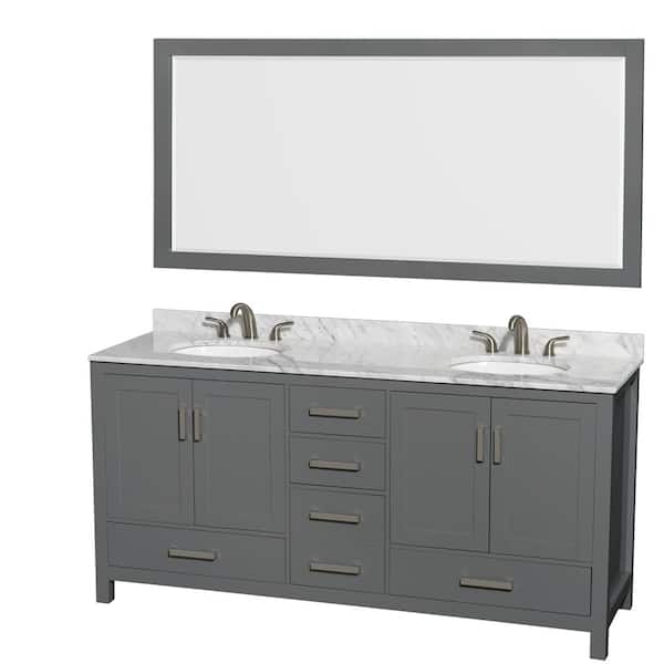Wyndham Collection Sheffield 72 in. W x 22 in. D x 35 in. H Double Bath Vanity in Dark Gray with White Carrara Marble Top and 70" Mirror