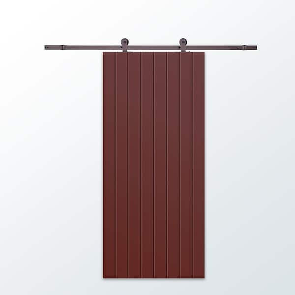 CALHOME 30 in. x 96 in. Maroon Painted Composite MDF Paneled Interior Sliding Barn Door with Hardware Kit