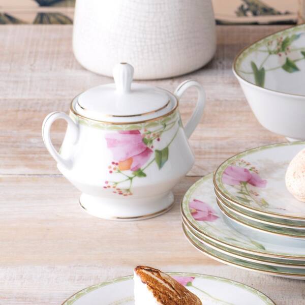Noritake Poppy Place (White and Pink) Porcelain Sugar and Creamer