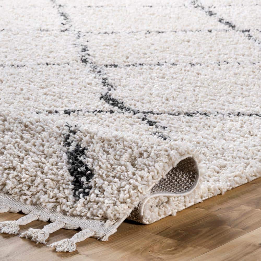 Off-White and Black Synthetic Shag Rectangular Area Rug 10' x 14'