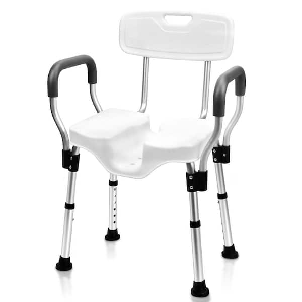 Numhew Aluminum Shower Chair in White with U-Shape Seat for Handicap, Wide Shower Seat with Arms and Back for Elderly