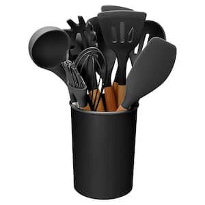 11 Pcs Black Silicone Cooking Utensil Set w/Ladles, Spatula, Tong, Whisk, Heat Resistant Wooden Handle & Holder