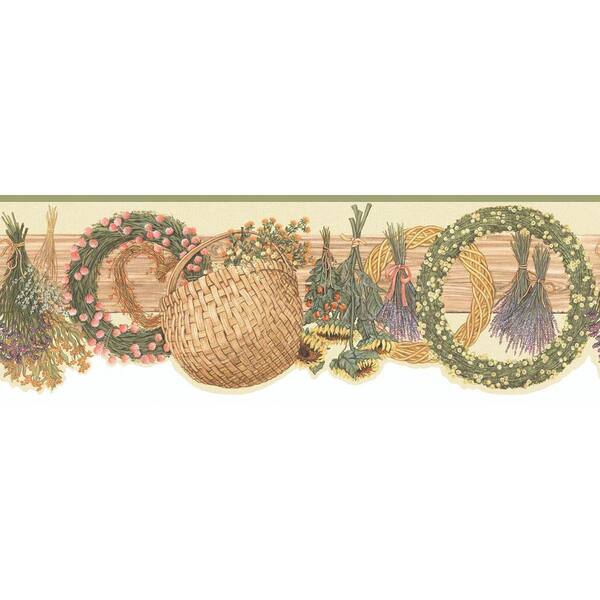 The Wallpaper Company 8 in. x 10 in. Green and Beige Floral Baskets Border Sample