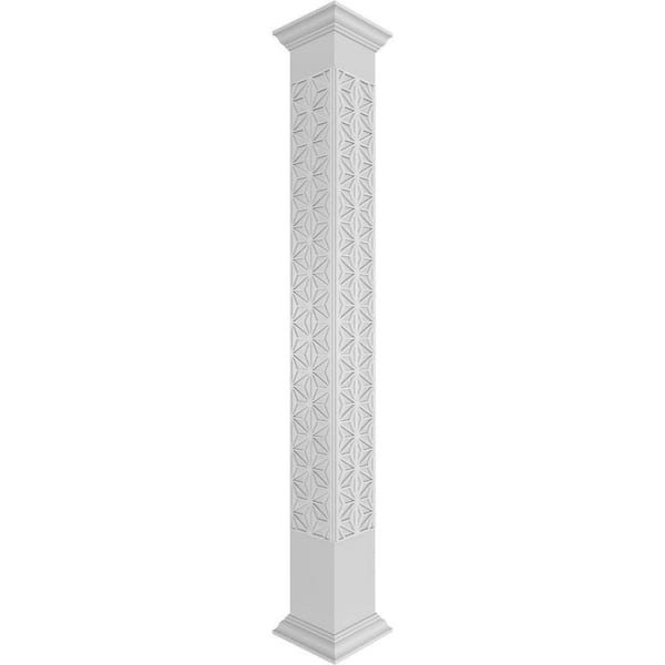 Ekena Millwork 9-5/8 in. x 8 ft. Premium Square Non-Tapered Hampton Fretwork PVC Column Wrap Kit with Crown Capital and Base
