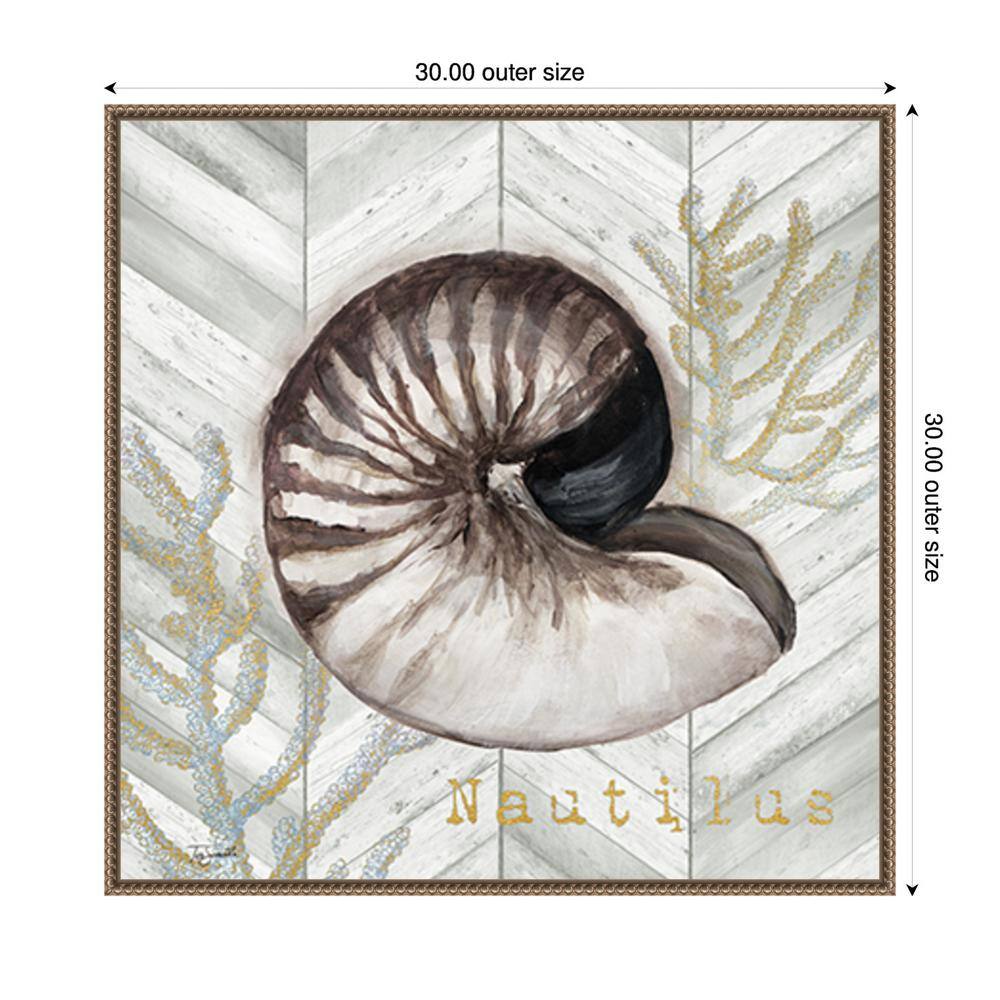 Gray Gold Chevron Nautilus Shell Canvas Wall Art with Bronze Frame