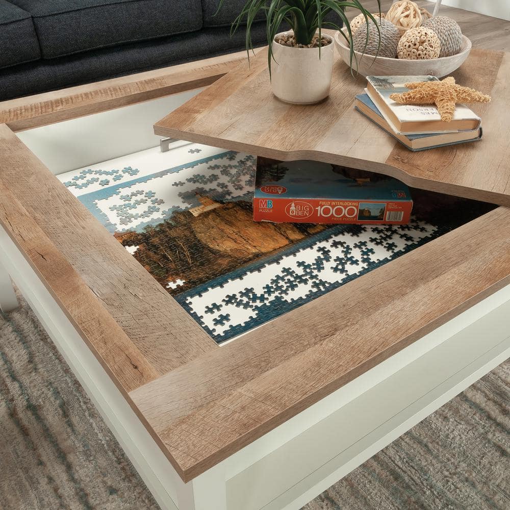 Soft White and Oak Square Gaming Coffee Table with Reversible Top