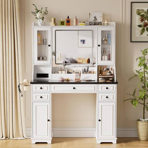 PAKASEPT White Vanity Desk with Mirror and Lights, Makeup Vanity