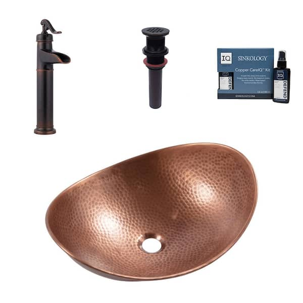 SINKOLOGY Confucius 16 Gauge 19 in. Copper Vessel Bath Sink in Antique Copper with Ashfield Vessel Faucet Kit