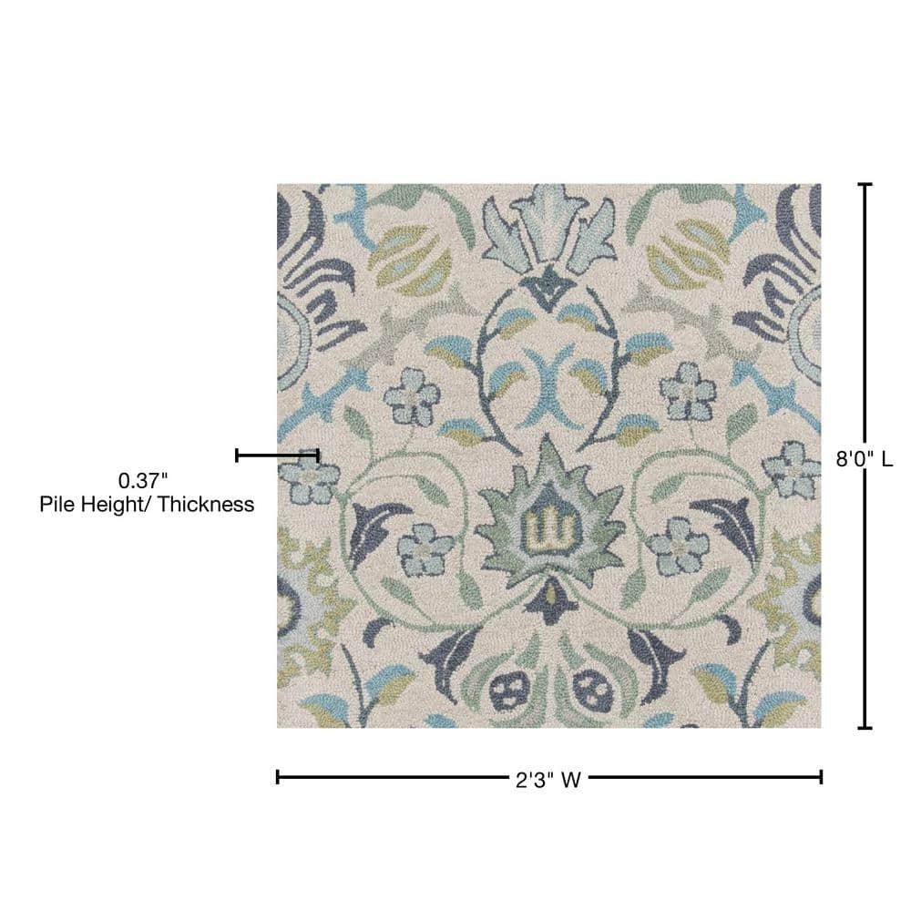 Blue Floral Hand-Tufted Wool Runner Rug, 2'3" x 8'