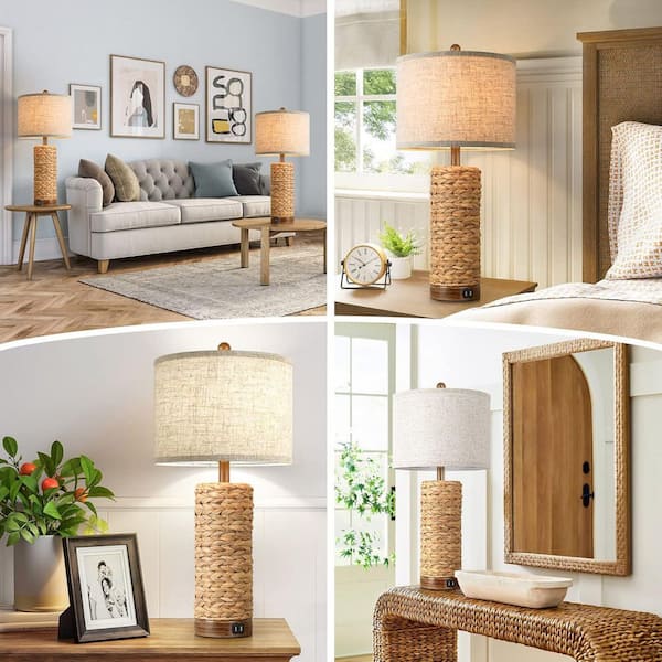Nordic Hygge 27 in. Set of 2 Rattan Table Lamps for Living Room