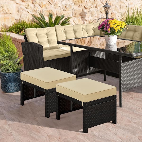 2-Piece Wicker Ottomans Multipurpose Outdoor Furniture Ottoman Storage Stool with Removable Khaki Cushions