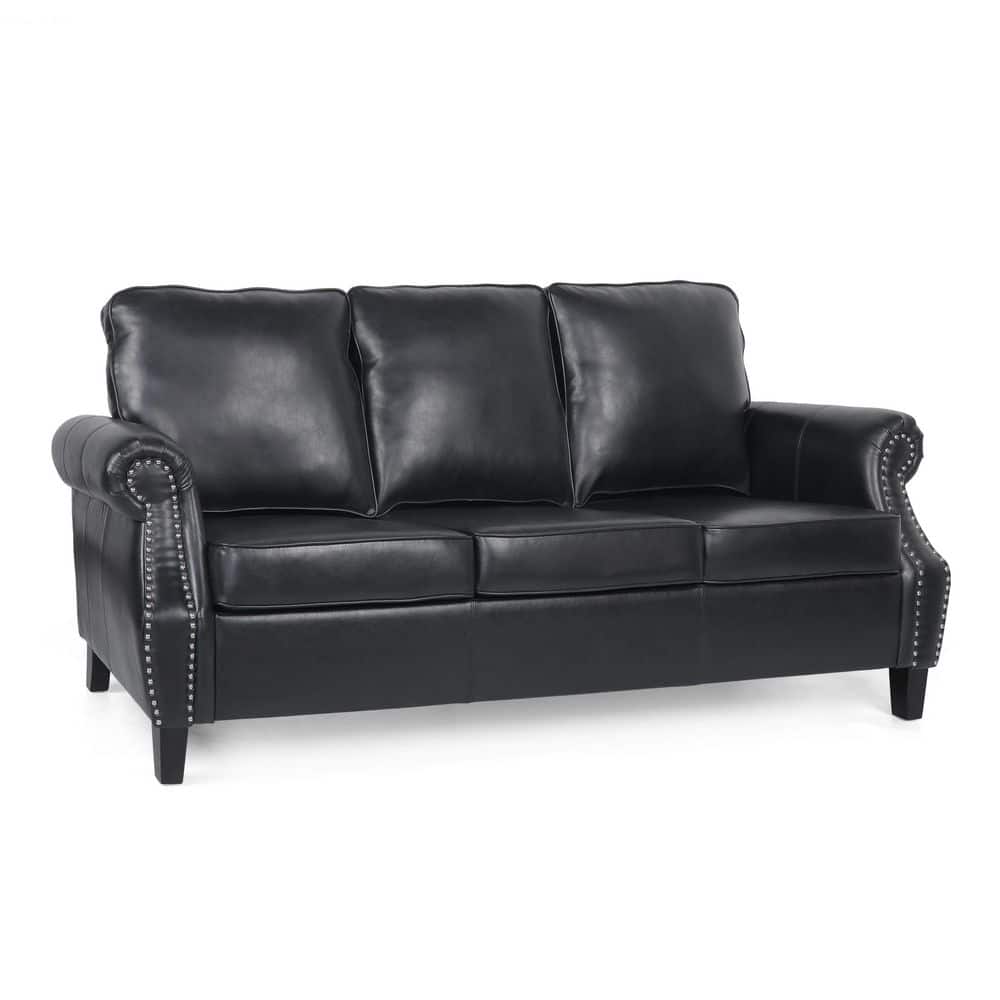 Midnight Black and Dark Brown Faux Leather Lawson Sofa with Nailhead Trim