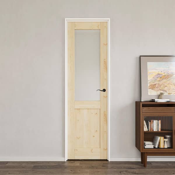 24 in. x 80 in. 1/2-Lite Frosted Glass Left-Handed Unfinished Pine Single Door Kit with Quick Assemble Jamb