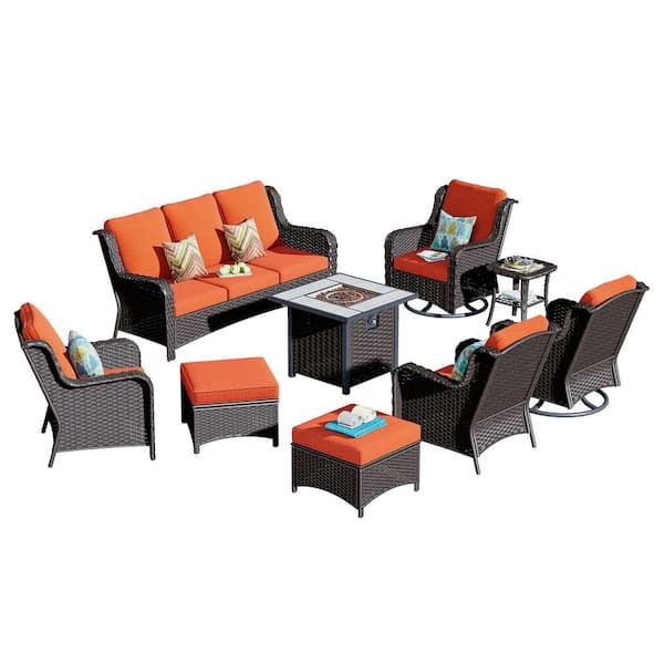 New Kenard Brown 9-Piece Wicker Patio Fire Pit Conversation Set with Orange Red Cushions and Swivel Rocking Chairs