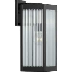 Felton Collection 1-Light Matte Black Clear Ribbed Glass Craftsman Outdoor Large Wall Lantern Light