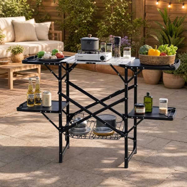 Folding Camping Kitchen Table with Countertop, Storage Shelf Folding Camping Kitchen Table with Countertop, Storage Shelf