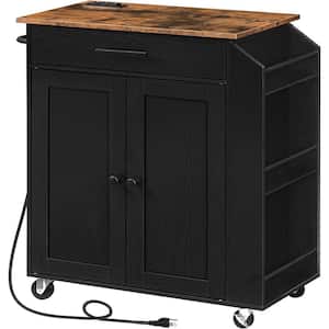 Black Wood Kitchen Cart Storage Island with Spice Rack and Drawer with Power Outlet And Wheels
