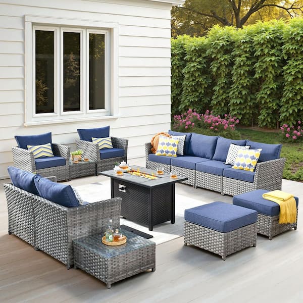 Eufaula Gray 13-Piece Wicker Modern Outdoor Patio Fire Pit Conversation Sofa Seating Set with Denim Blue Cushions
