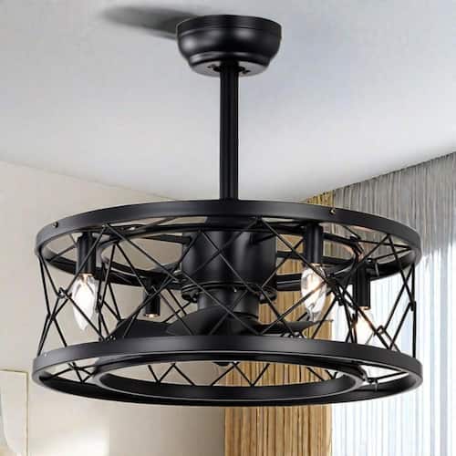 20 in. Small Indoor Matte Black Caged Ceiling Fan with Light Kit and Remote Included for Bedroom, Living Room Lighting