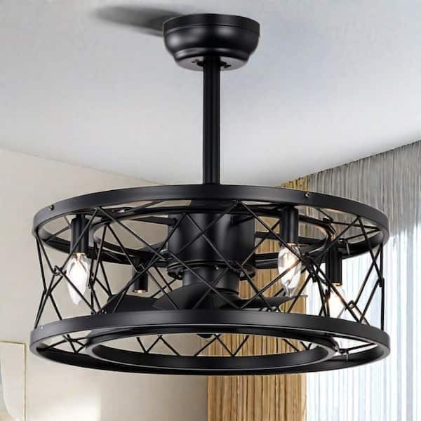 Keazile 20 in. Small Indoor Matte Black Caged Ceiling Fan with Light Kit and Remote Included for Bedroom, Living Room