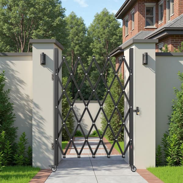 Single Folding Security Gate Lockable Scissor Gate with 360° Swivel Casters Retractable 49.61 x 77.76 in. Black Steel