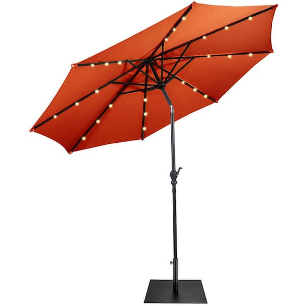 Costway 9 ft. Market Patio Umbrella in Orange with Solar Lights and 40 lbs. Steel Umbrella Stand
